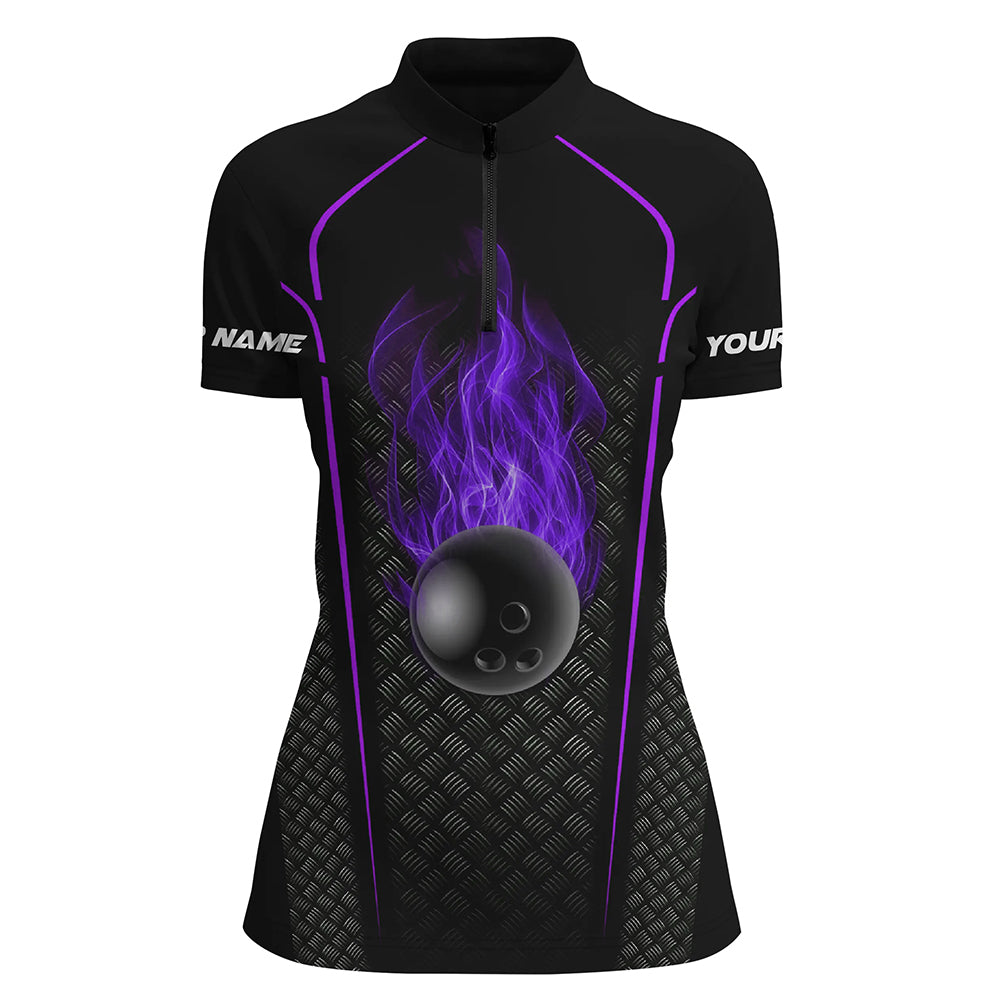 Bowling Ball Fire Black Custom Quarter Zip Bowling Jersey 3D Bowling Team Shirt For Women Purple, Custom Bowling Shirts, Bowling Gift Ideas