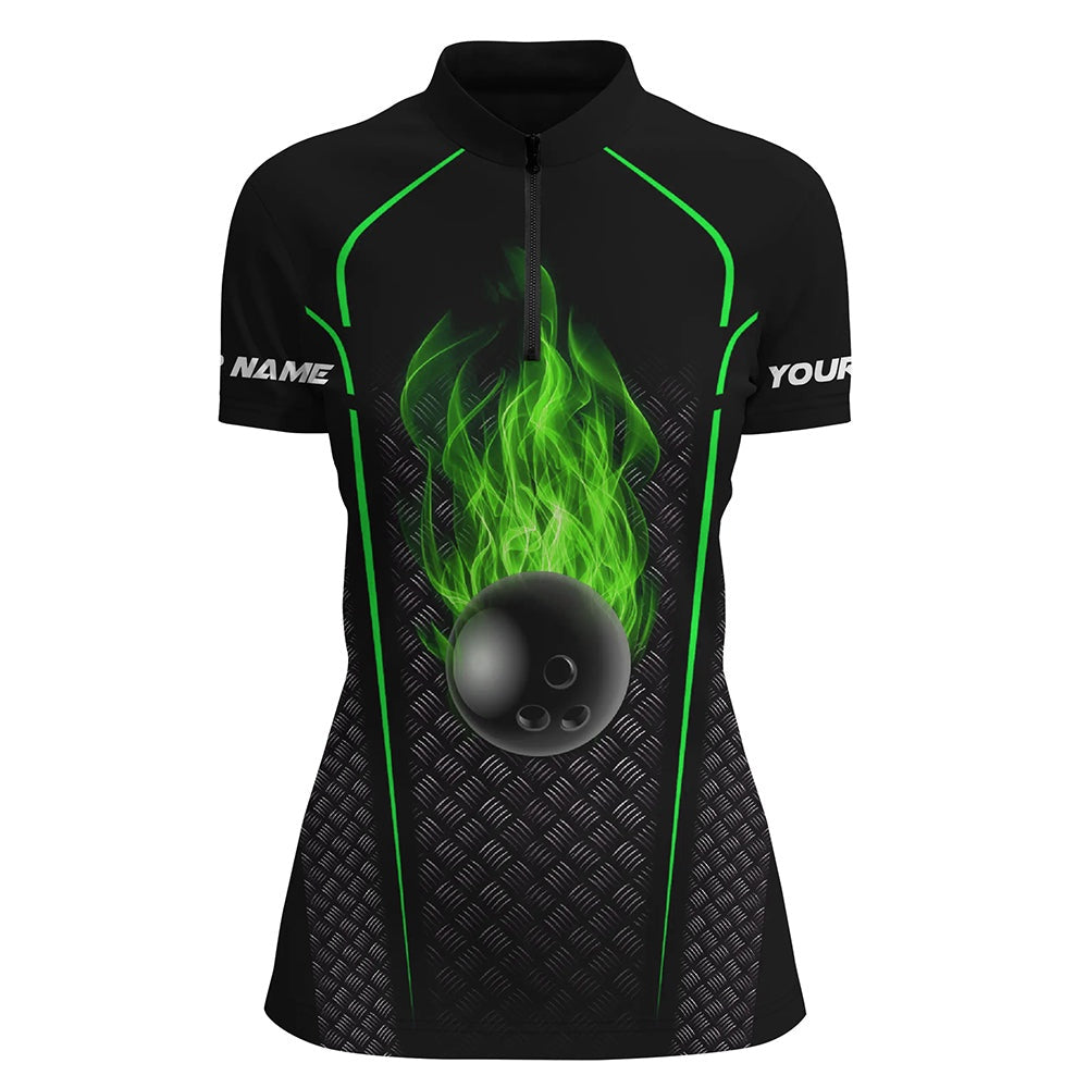 Bowling Shirts Personalized, Bowling Shirt For Women Quarter Zip Bowling Jersey 3D Bowling Team Shirt For Women Green